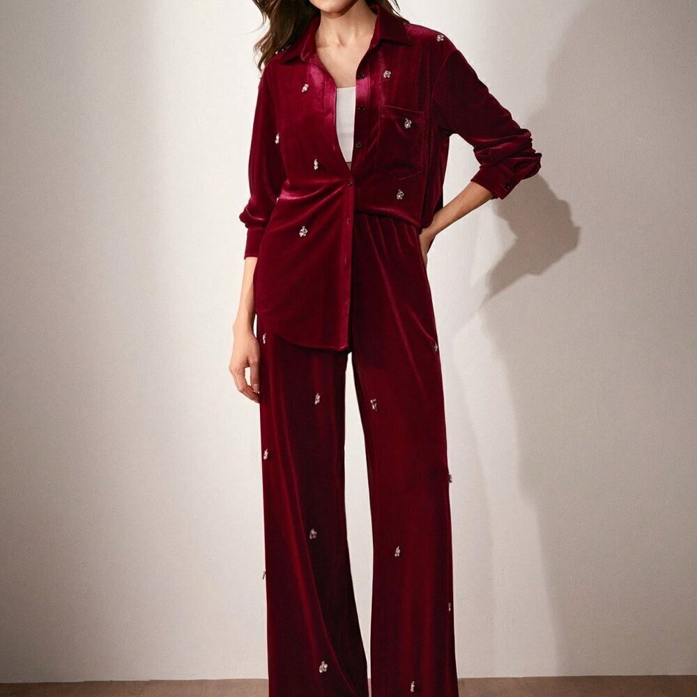 Burgundy Elegant Women's Velvet Button down top and Pant Suit set